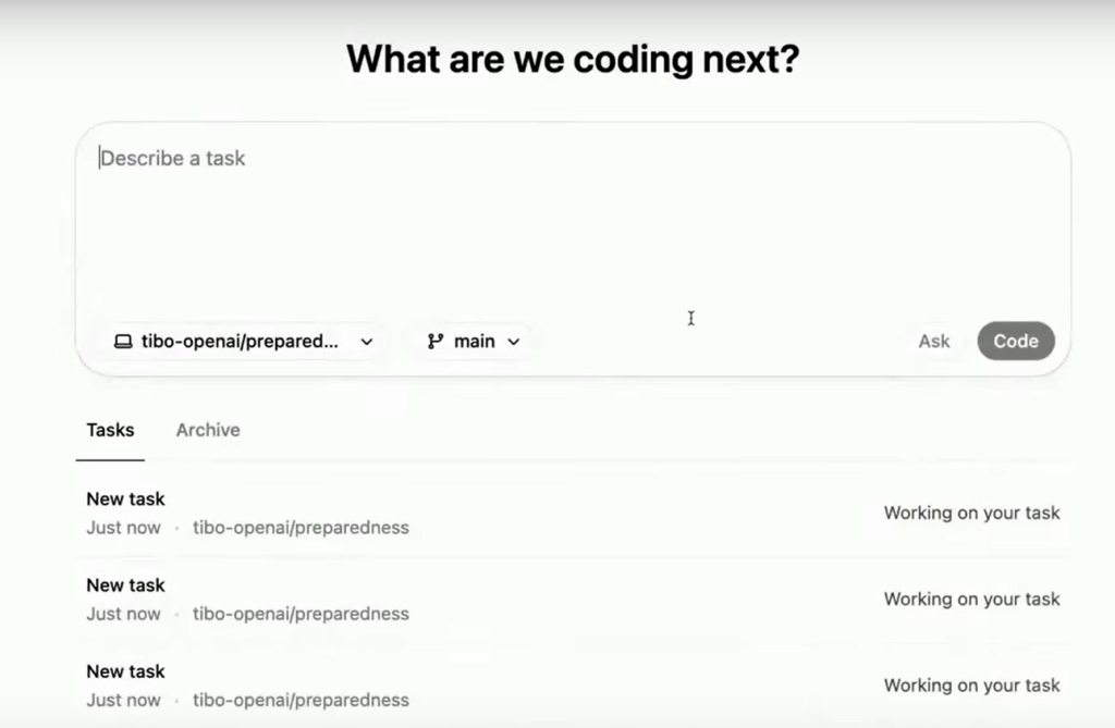 Giao diện Codex trong ChatGPT, hiển thị nhiệm vụ lập trình đang xử lý